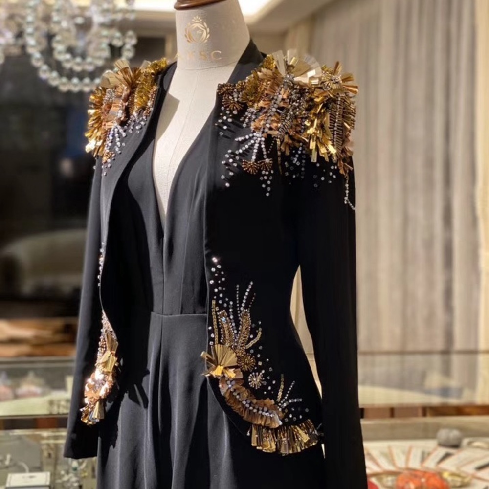 AKSC black handmade beaded sequin blazer